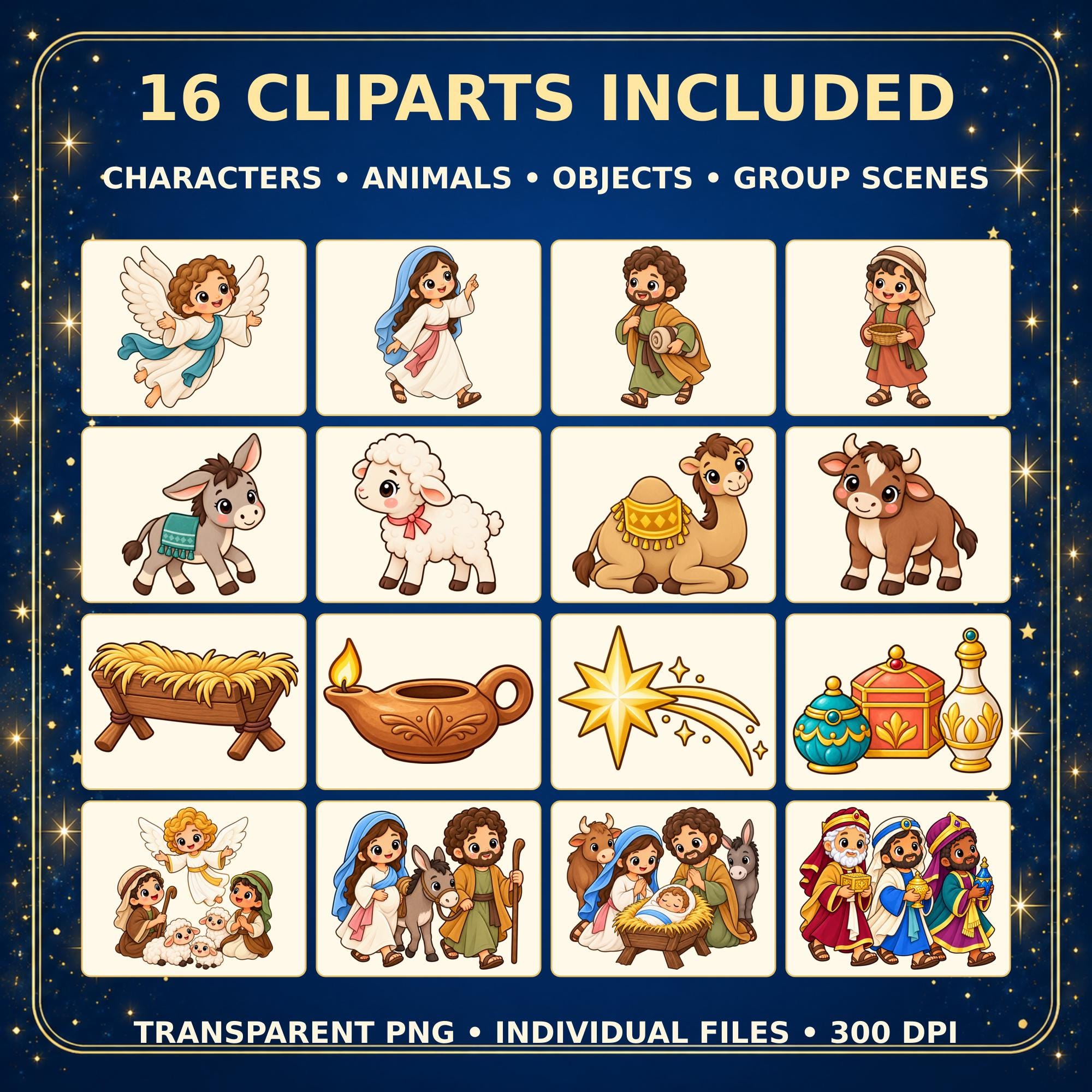 Christmas Bible Kawaii Clipart Vol 2, 16 Transparent PNGs, 3000px Nativity Digital Art · vista 3