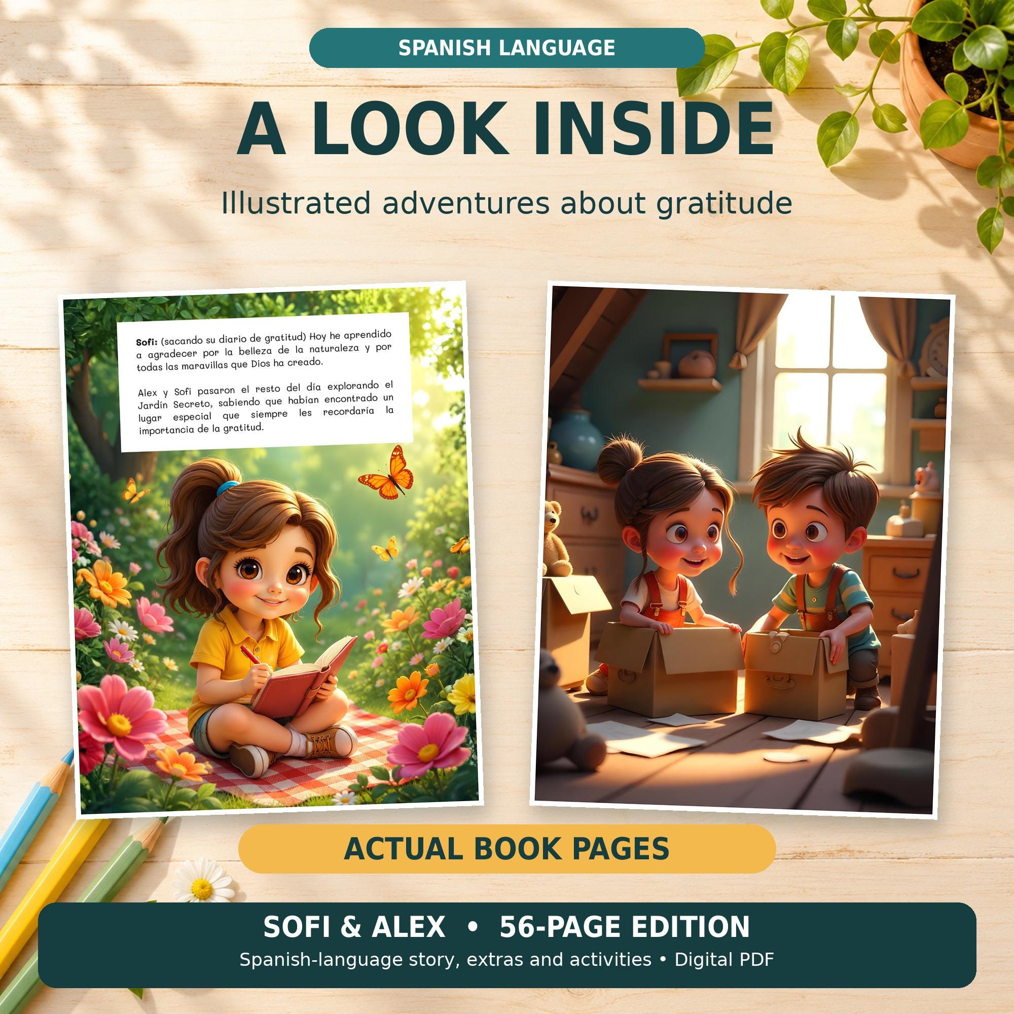 Sofi and Alex Spanish Christian Storybook, 56 Page Gratitude Book with Kids Activities, Printable PDF · vista 2