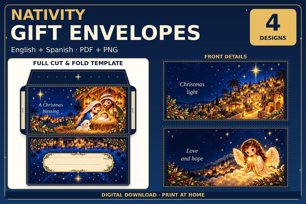 Nativity Gift Envelopes Printable, 4 Designs in English and Spanish · vista 2