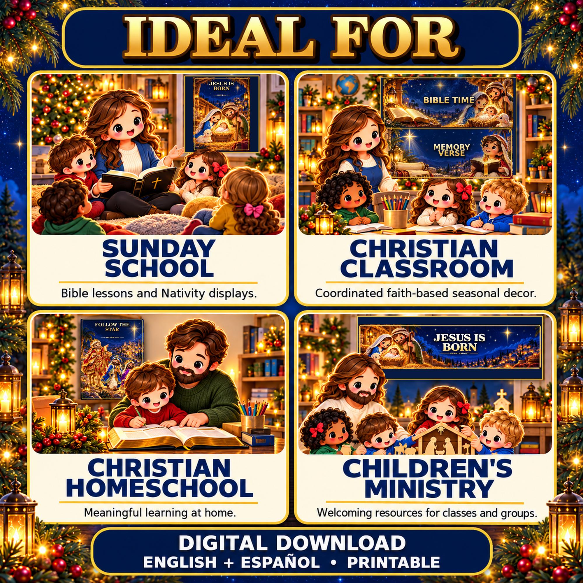Kawaii Nativity Classroom Decor Bundle, Bilingual Christmas Posters, Labels and Banners, English Spanish Printables · vista 2