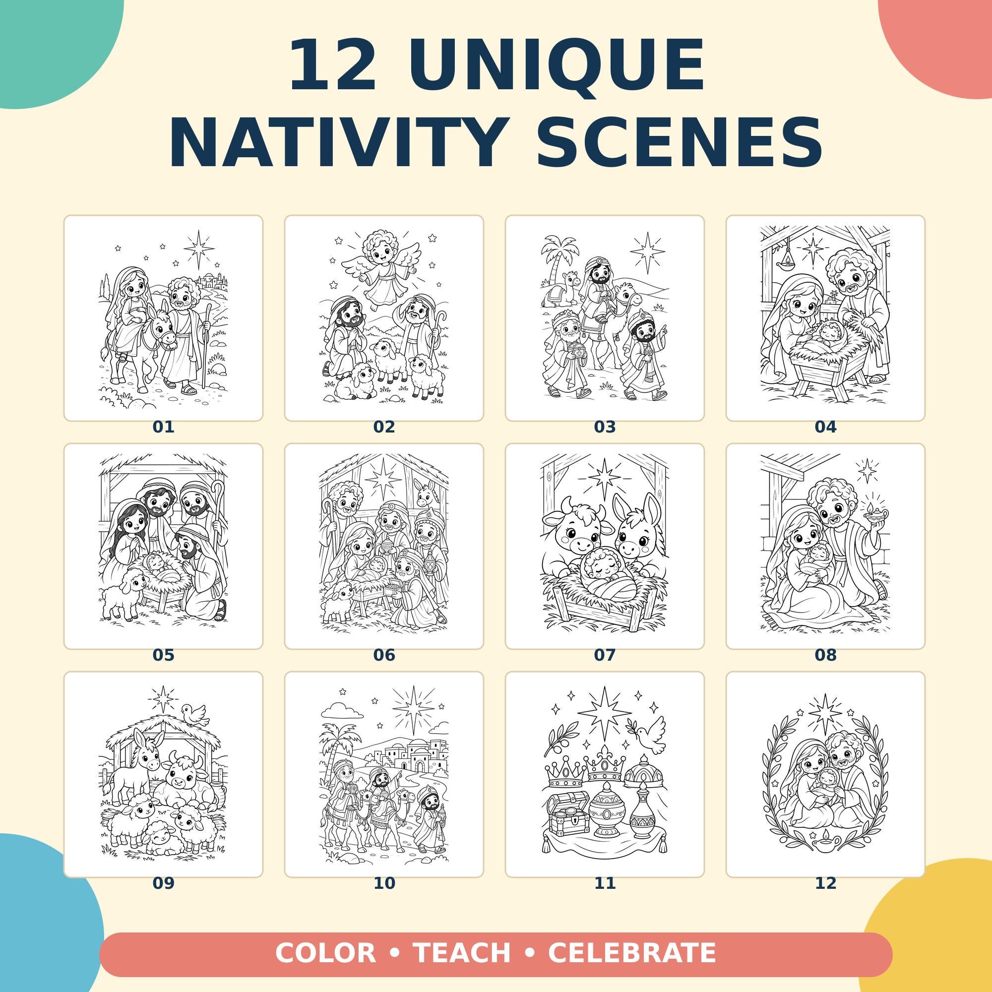 Nativity Kawaii Coloring Pages, 12 Christmas Bible Scenes, A4 and US Letter PDF PNG · vista 3