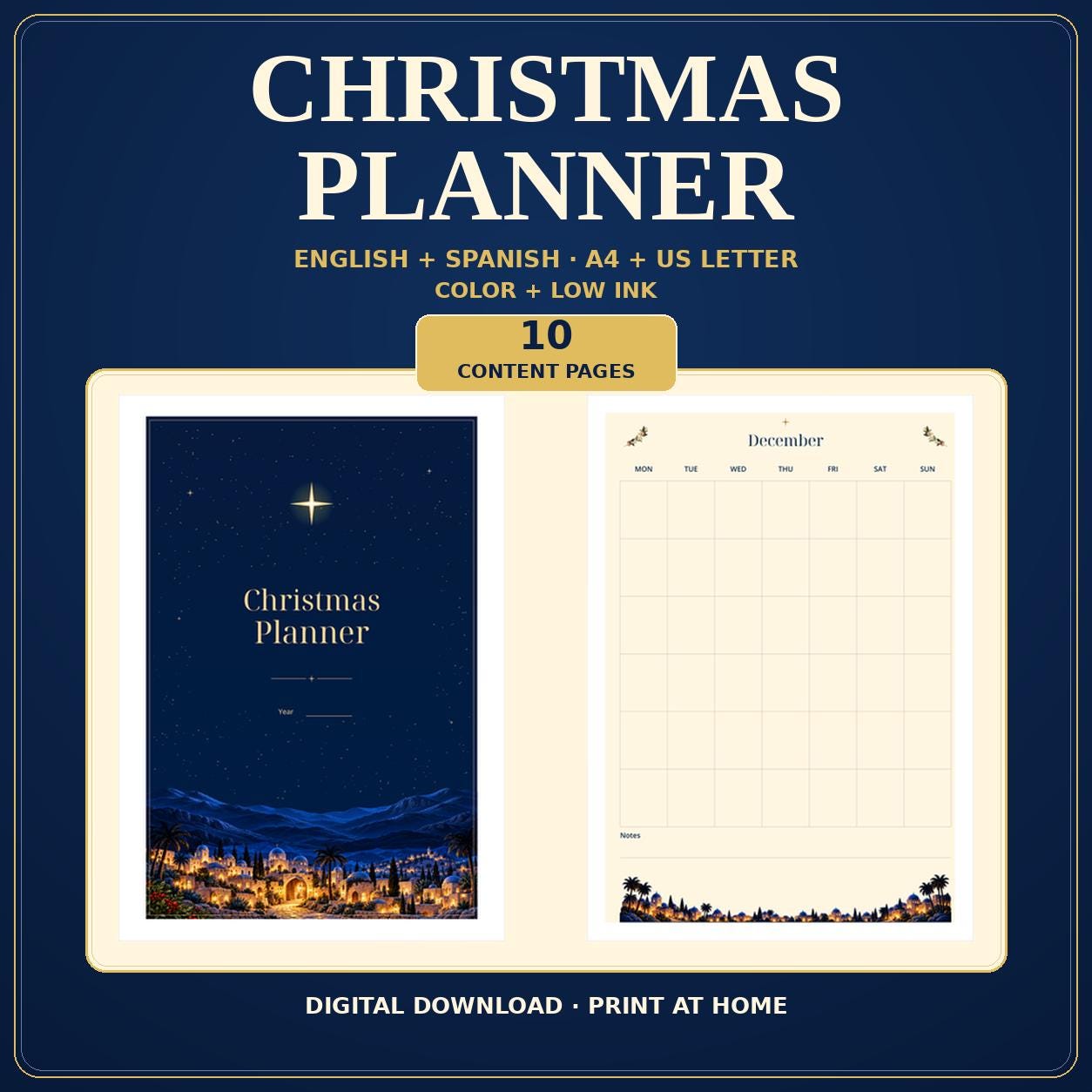 Christmas Planner Printable, 10 Undated Pages, English and Spanish, Color and Low-Ink PDFs