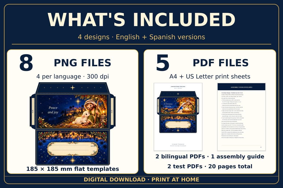 Nativity Gift Envelopes Printable, 4 Designs in English and Spanish · vista 4