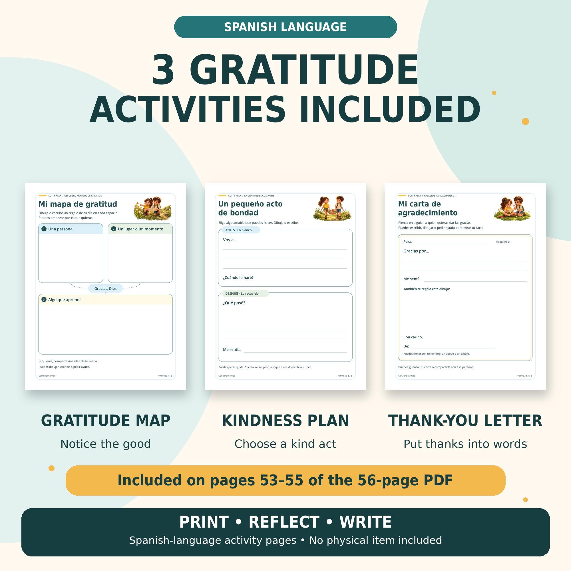 Sofi and Alex Spanish Christian Storybook, 56 Page Gratitude Book with Kids Activities, Printable PDF · vista 3