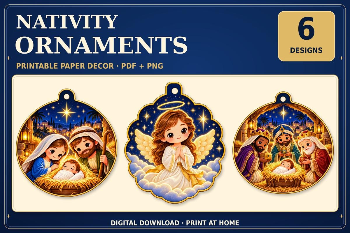 Nativity Paper Ornaments Printable, 6 Christmas Designs, PDF and Transparent PNG · vista 2