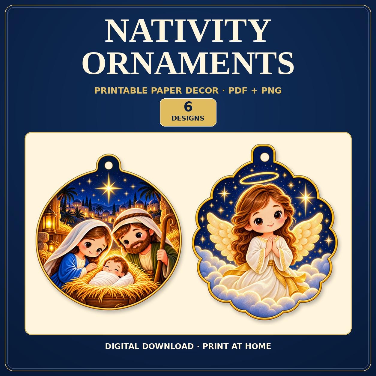 Nativity Paper Ornaments Printable, 6 Christmas Designs, PDF and Transparent PNG