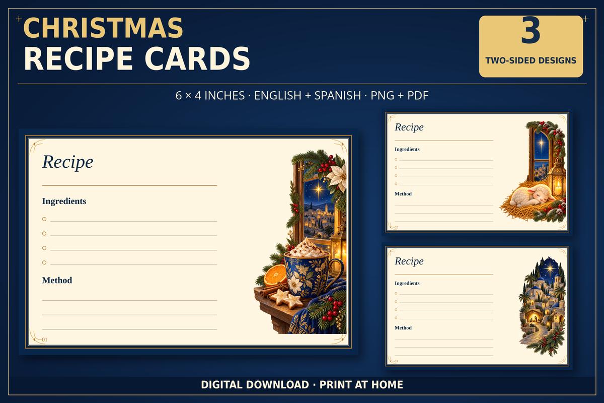 Christmas Recipe Cards Printable, 3 Double-Sided 4x6 Designs, English and Spanish · vista 2