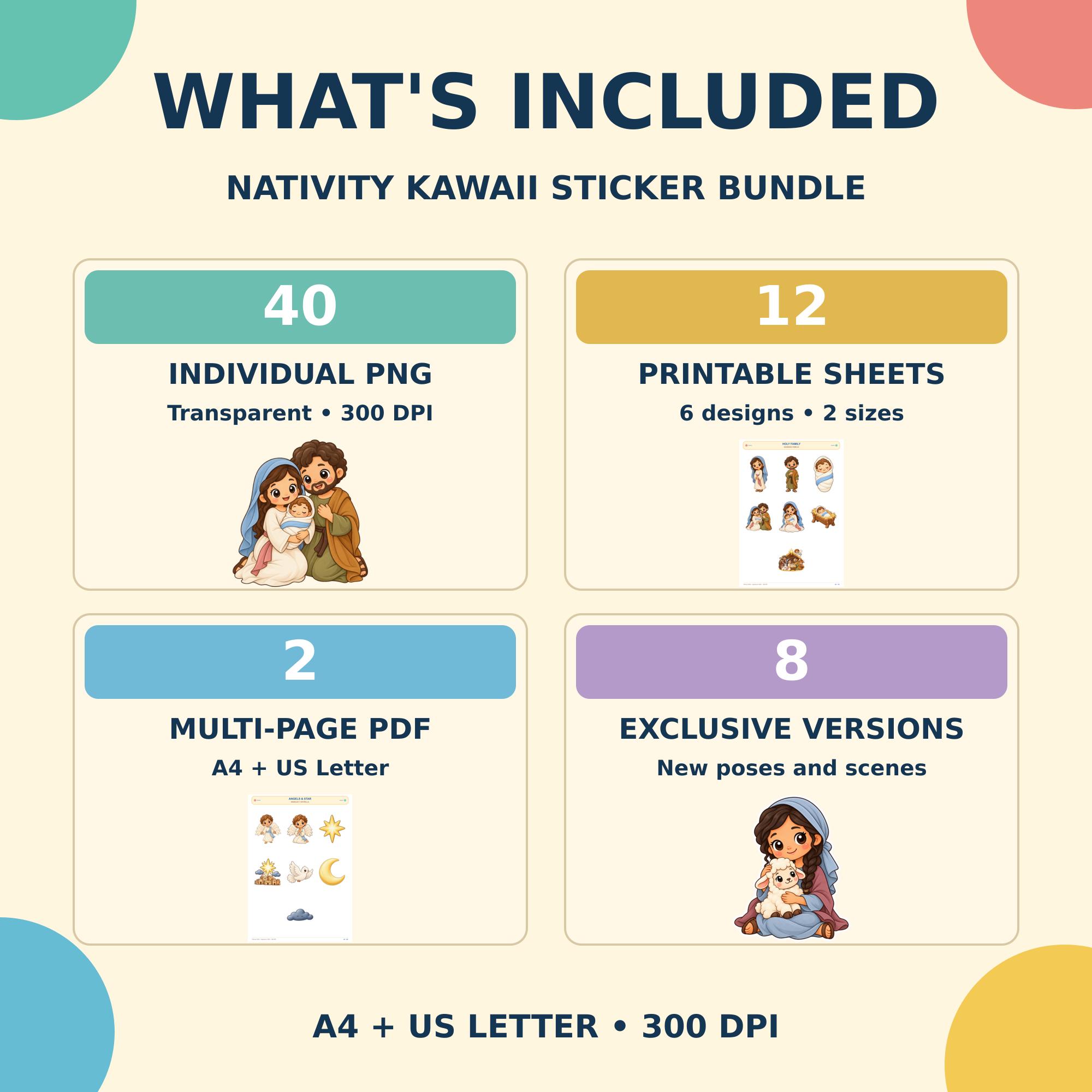 Nativity Kawaii Stickers, 40 PNG Designs, 12 A4 and US Letter Sheets, Christmas Bible Printable · vista 2