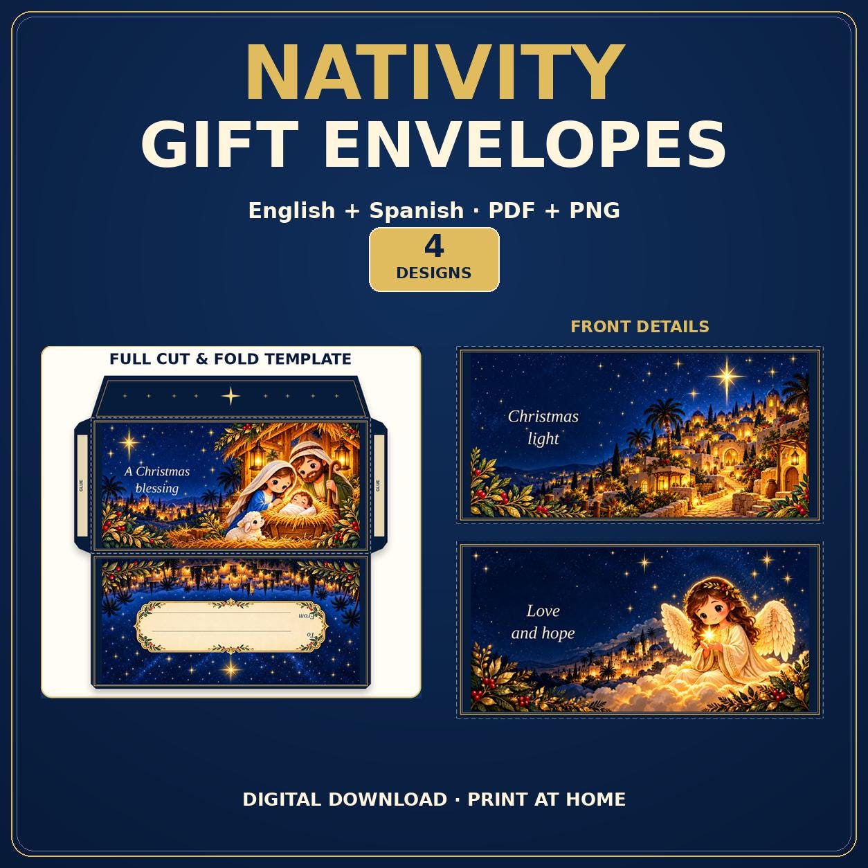 Nativity Gift Envelopes Printable, 4 Designs in English and Spanish
