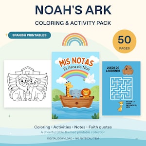 Puede incluir: Un paquete de actividades y colorear del Arca de Noé con 50 páginas imprimibles. El conjunto incluye una ilustración de leones en blanco y negro, una portada colorida titulada Mis Notas El Arca de Noe y un juego de laberinto azul.