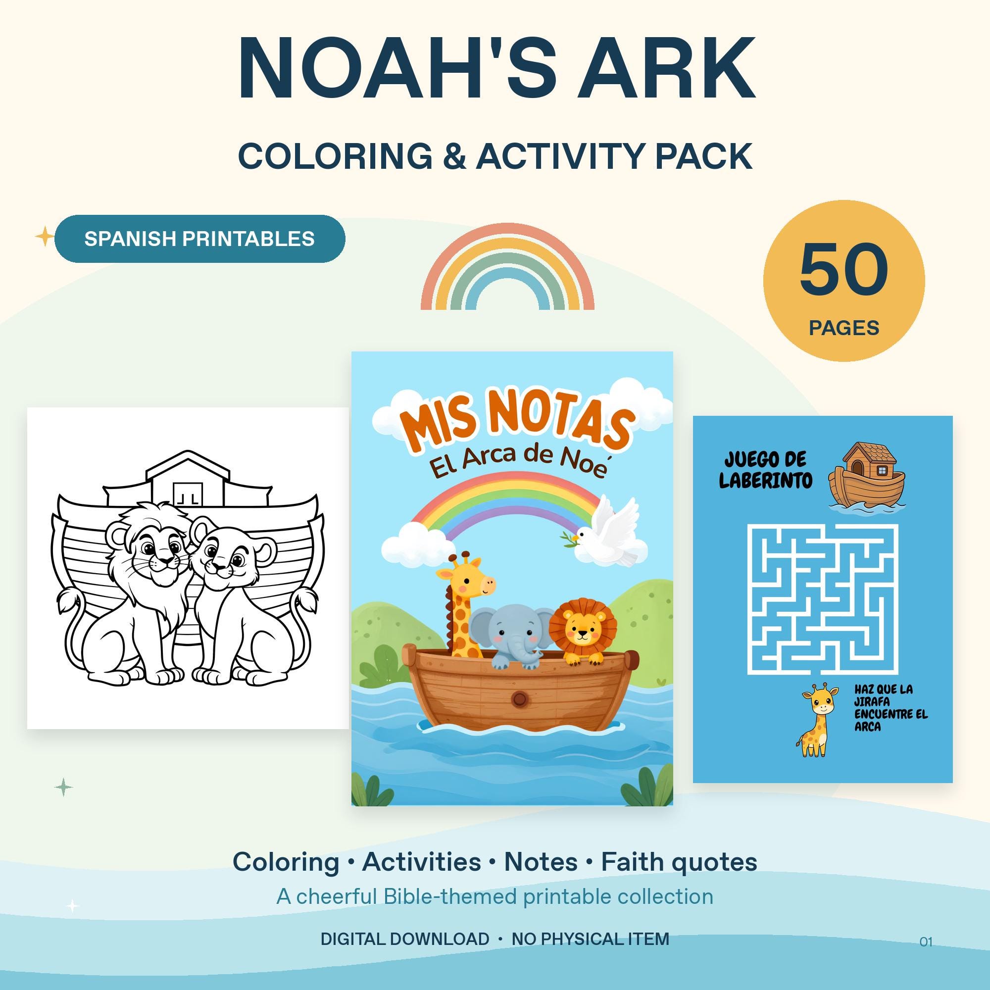 Noah's Ark Spanish Coloring and Activity Pack, 50 Printable Pages, Bible Worksheets and Notes, PDF JPG PNG