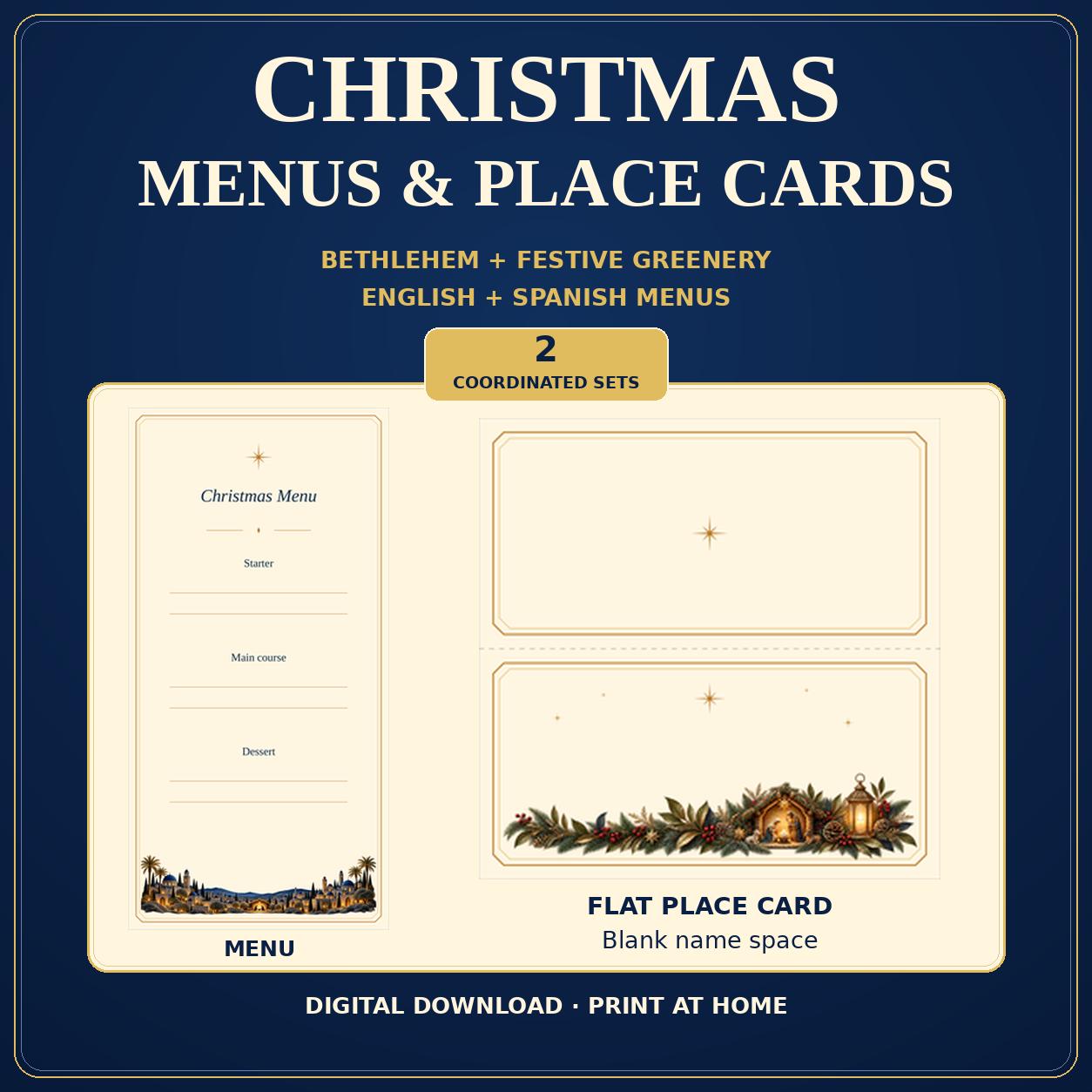 Christmas Menu and Place Cards Printable, 2 Coordinated Sets, English and Spanish
