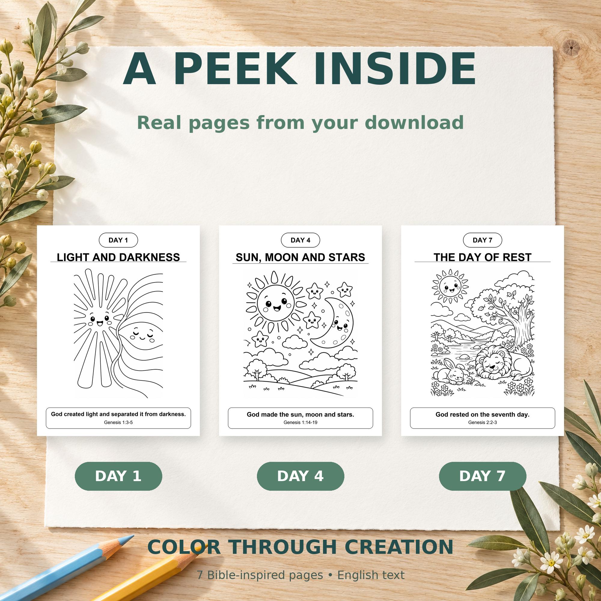 7 Days of Creation Coloring Pages, Bible Printable for Sunday School, A4 and US Letter PDF and PNG · vista 3