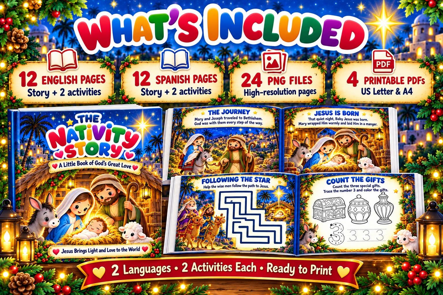 Bilingual Nativity Story Mini Book, English and Spanish Christmas Printable, Kids Bible Story and Activities, PDF PNG · vista 3