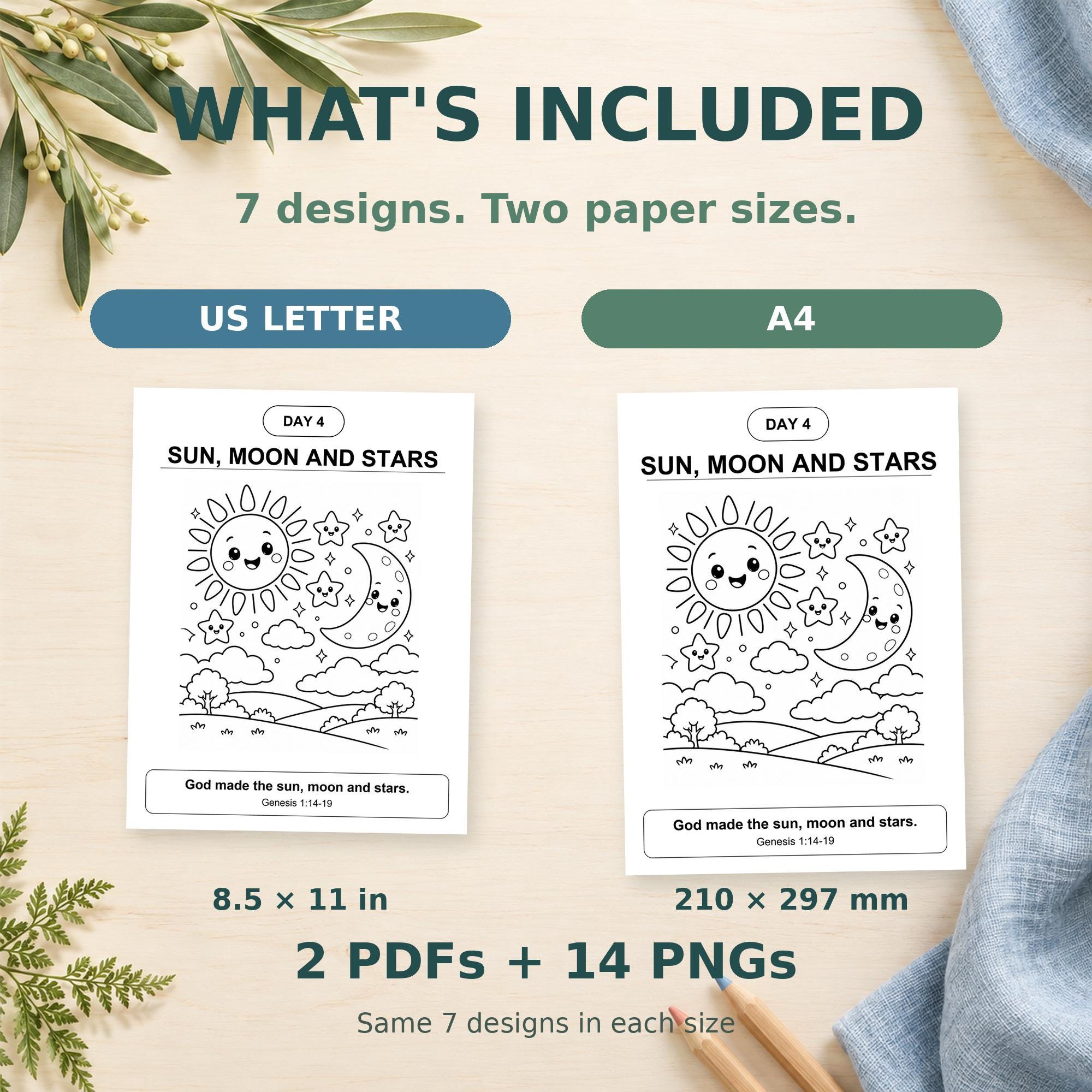 7 Days of Creation Coloring Pages, Bible Printable for Sunday School, A4 and US Letter PDF and PNG · vista 2