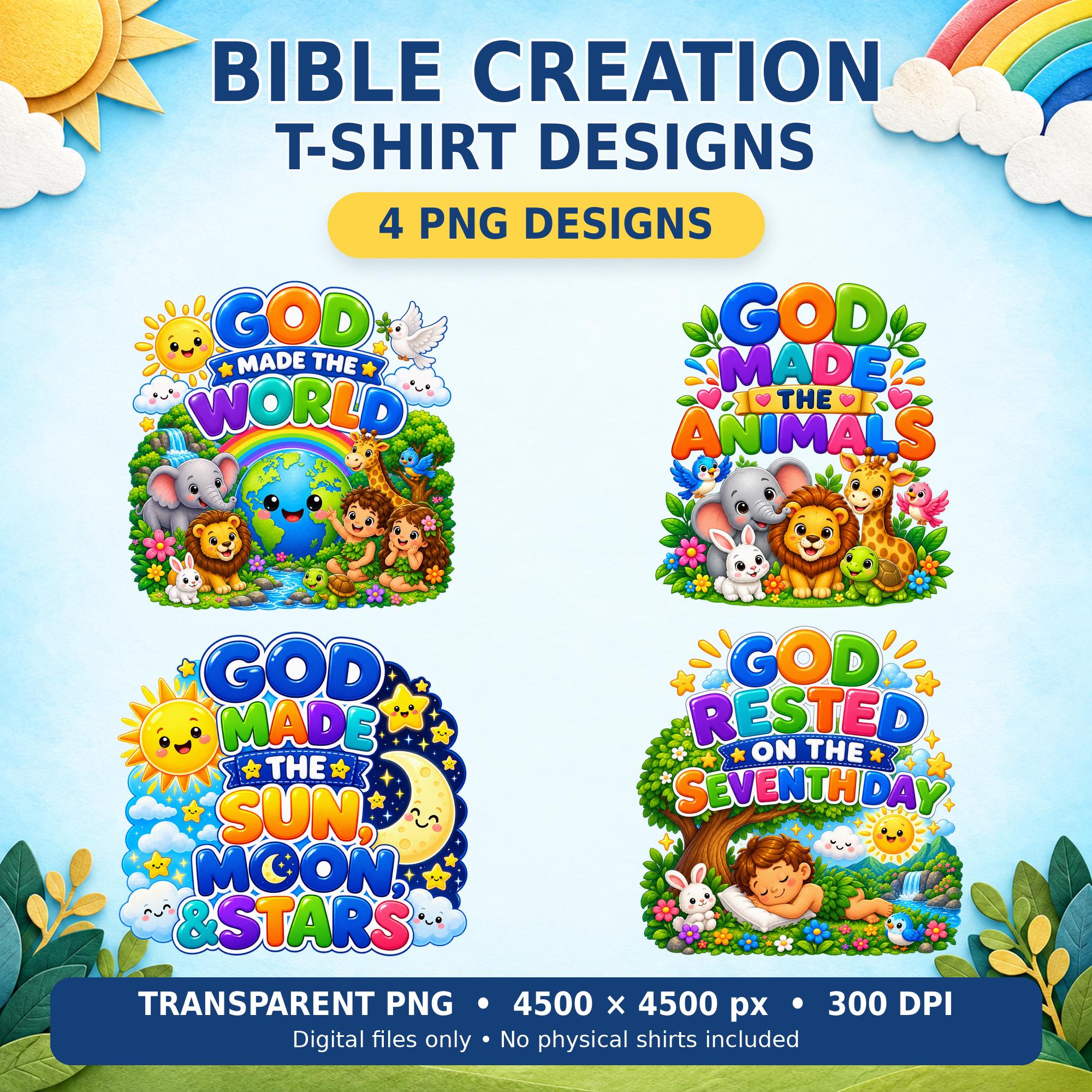 Bible Creation T-Shirt PNG Bundle, 4 Christian Designs, Transparent 300 DPI Digital Download · vista 2
