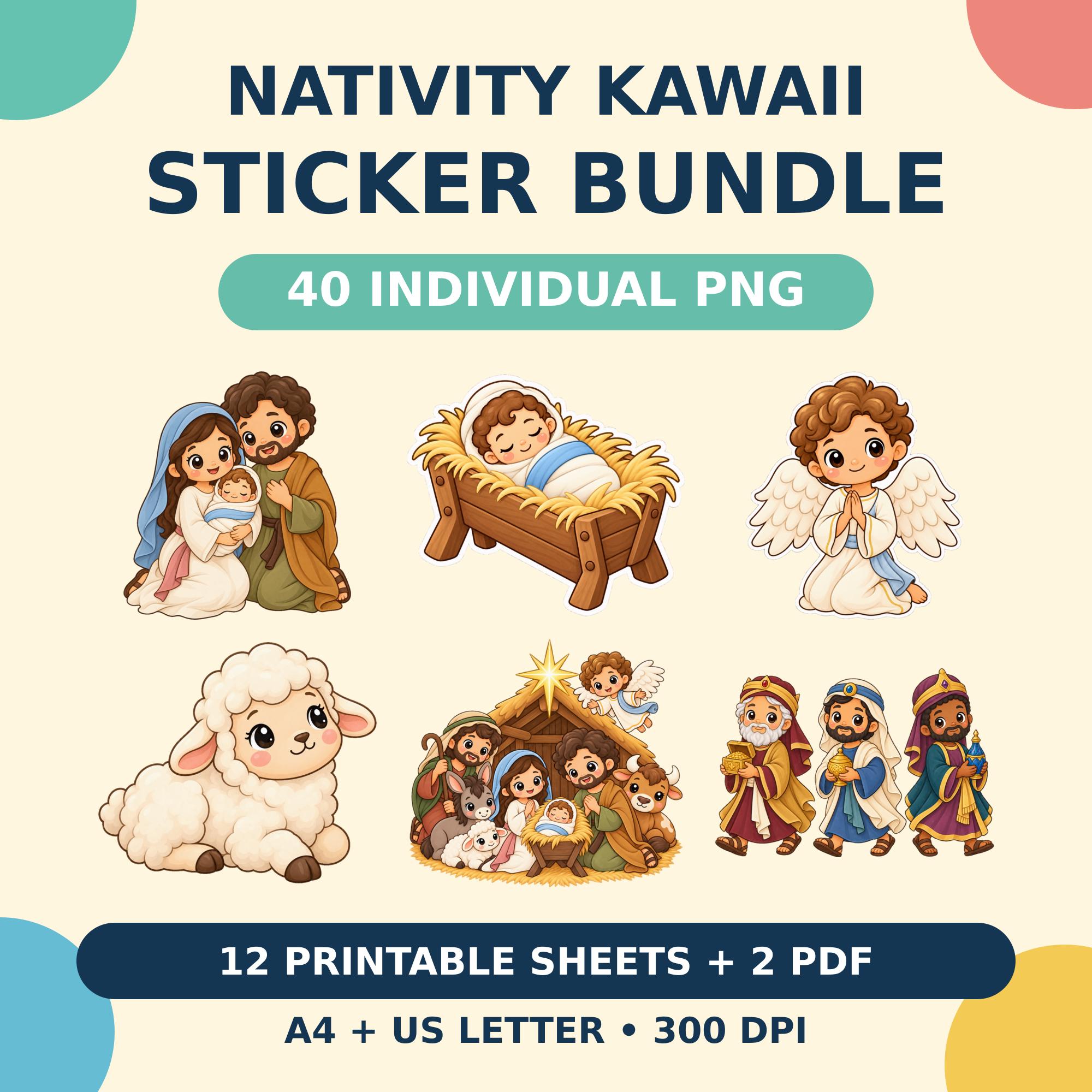 Nativity Kawaii Stickers, 40 PNG Designs, 12 A4 and US Letter Sheets, Christmas Bible Printable