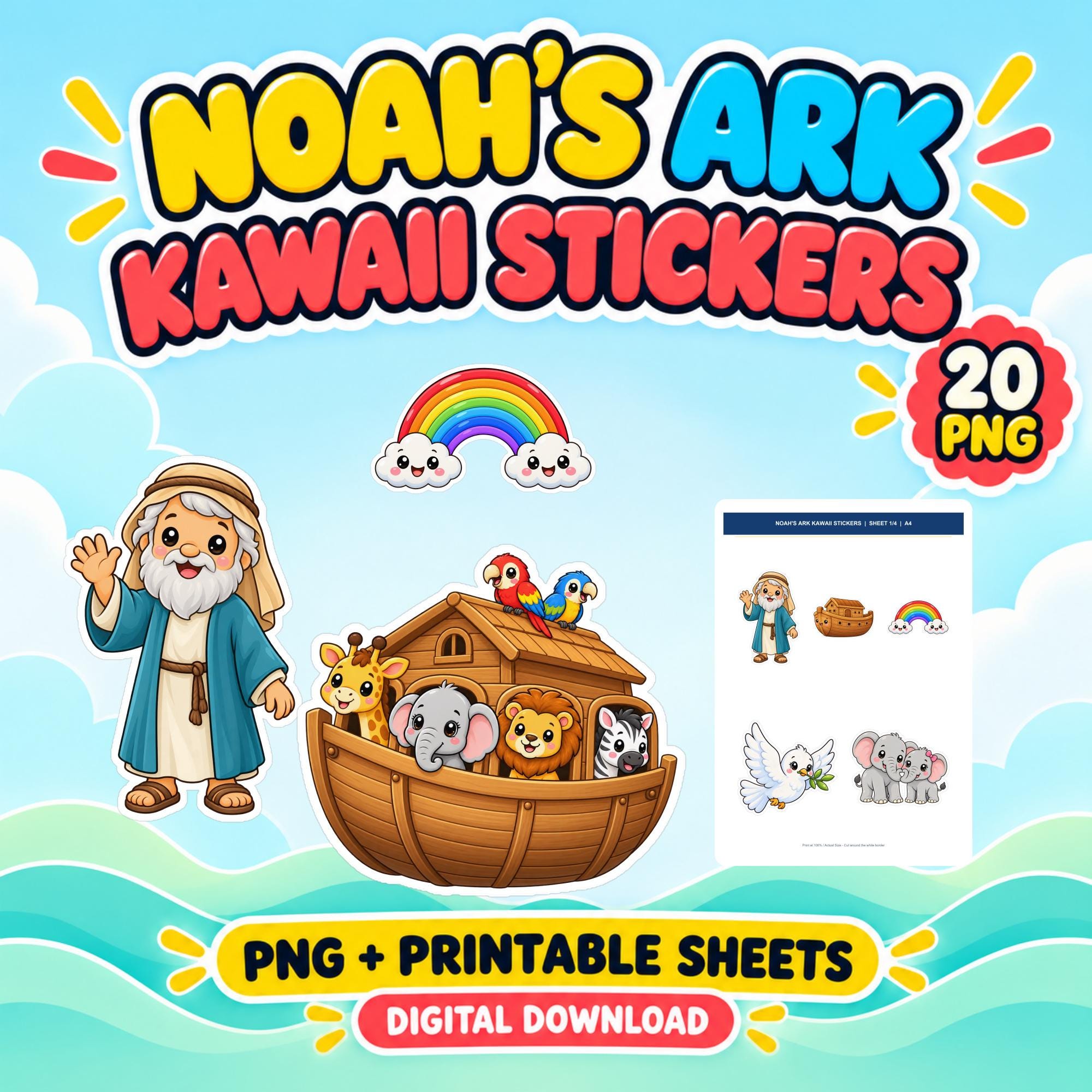 Noah's Ark Kawaii Stickers, 20 PNG Designs and Printable A4 US Letter Sticker Sheets