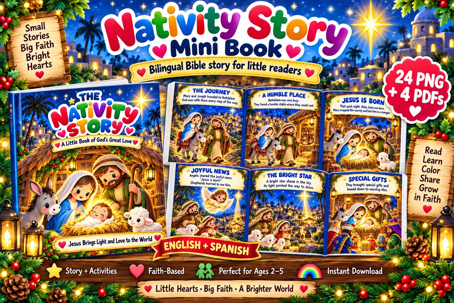 Bilingual Nativity Story Mini Book, English and Spanish Christmas Printable, Kids Bible Story and Activities, PDF PNG