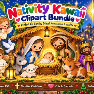 Puede incluir: Un paquete de imágenes prediseñadas digitales que muestra una colorida escena de la Natividad con personajes de estilo caricatura, incluidos un ángel, María, José, el niño Jesús, pastores y tres reyes. La imagen incluye el texto Nativity Kawaii Clipart Bundle.