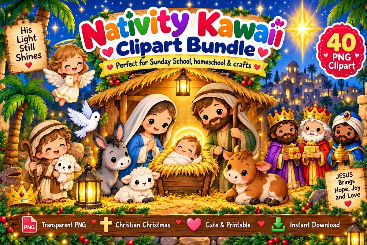 Nativity Kawaii Clipart Bundle, 40 Christian Christmas Transparent PNGs, 4000px, 300 DPI