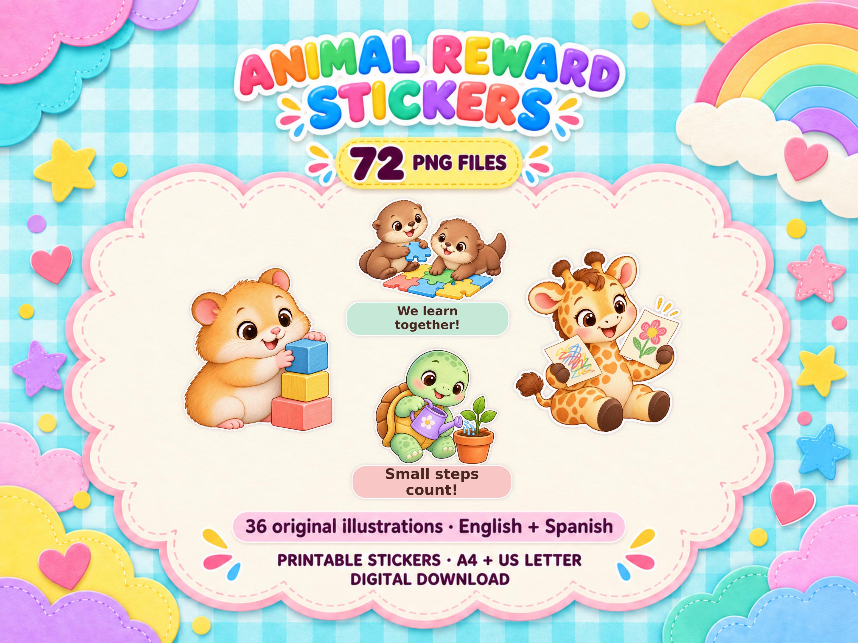 Kawaii Animal Reward Stickers for Kids, 72 PNG, English Spanish Printable