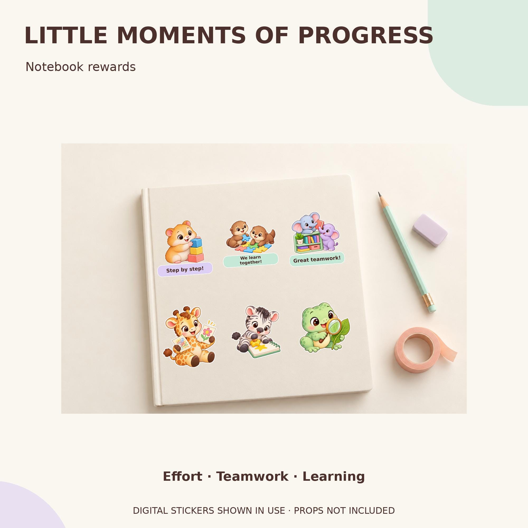 Kawaii Animal Reward Stickers for Kids, 72 PNG, English Spanish Printable · vista 3