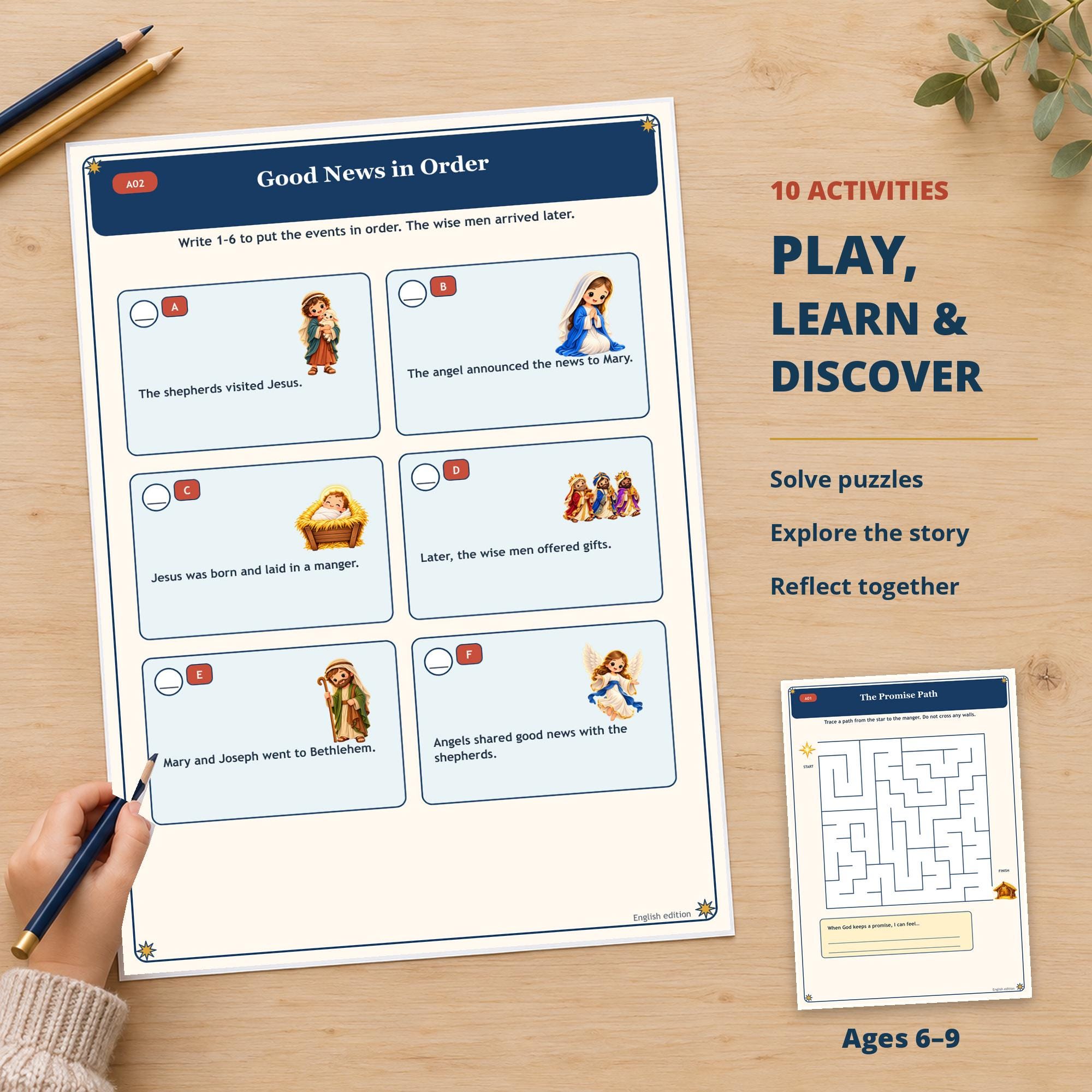 Nativity Activity Pack for Kids, English & Spanish Bible Worksheets, Christmas Paper Craft, Color and Low Ink PDF · vista 2