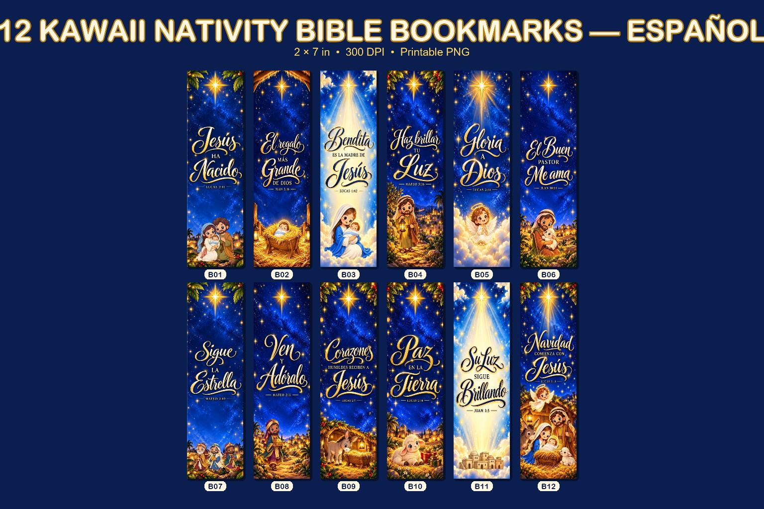 Christian Christmas Bible Bookmarks Printable, 12 Nativity Designs in English and Spanish, PNG and PDF · vista 4