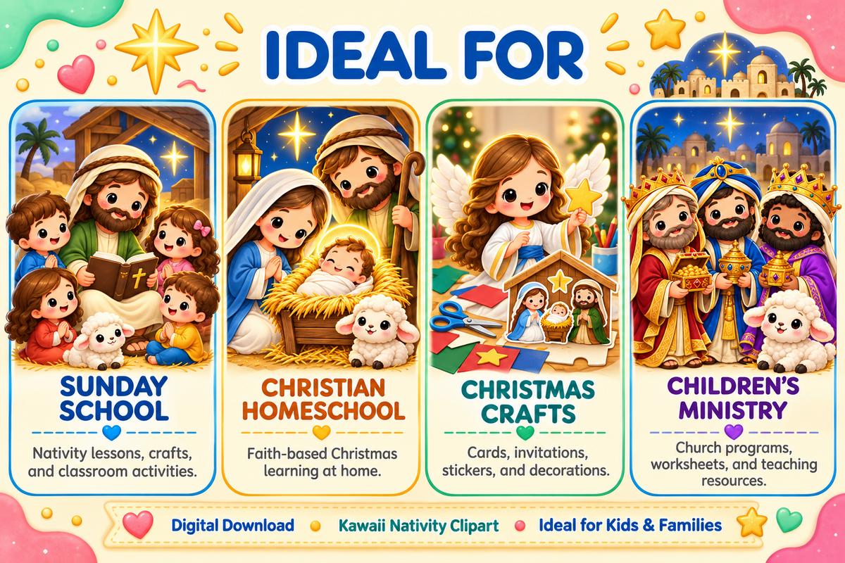 Nativity Kawaii Clipart Bundle, 40 Christian Christmas Transparent PNGs, 4000px, 300 DPI · vista 2