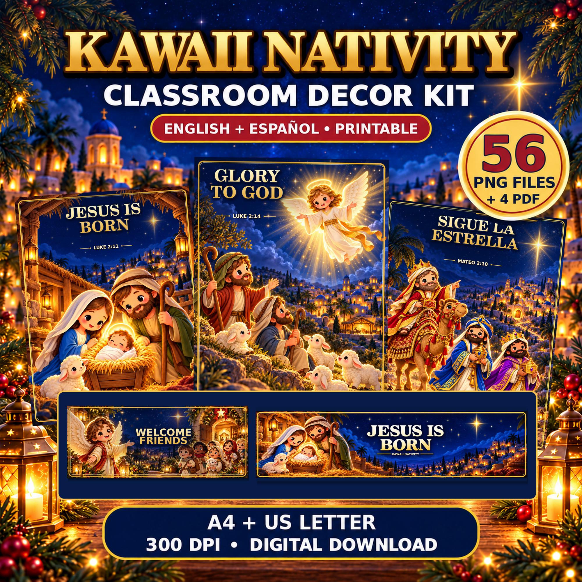 Kawaii Nativity Classroom Decor Bundle, Bilingual Christmas Posters, Labels and Banners, English Spanish Printables