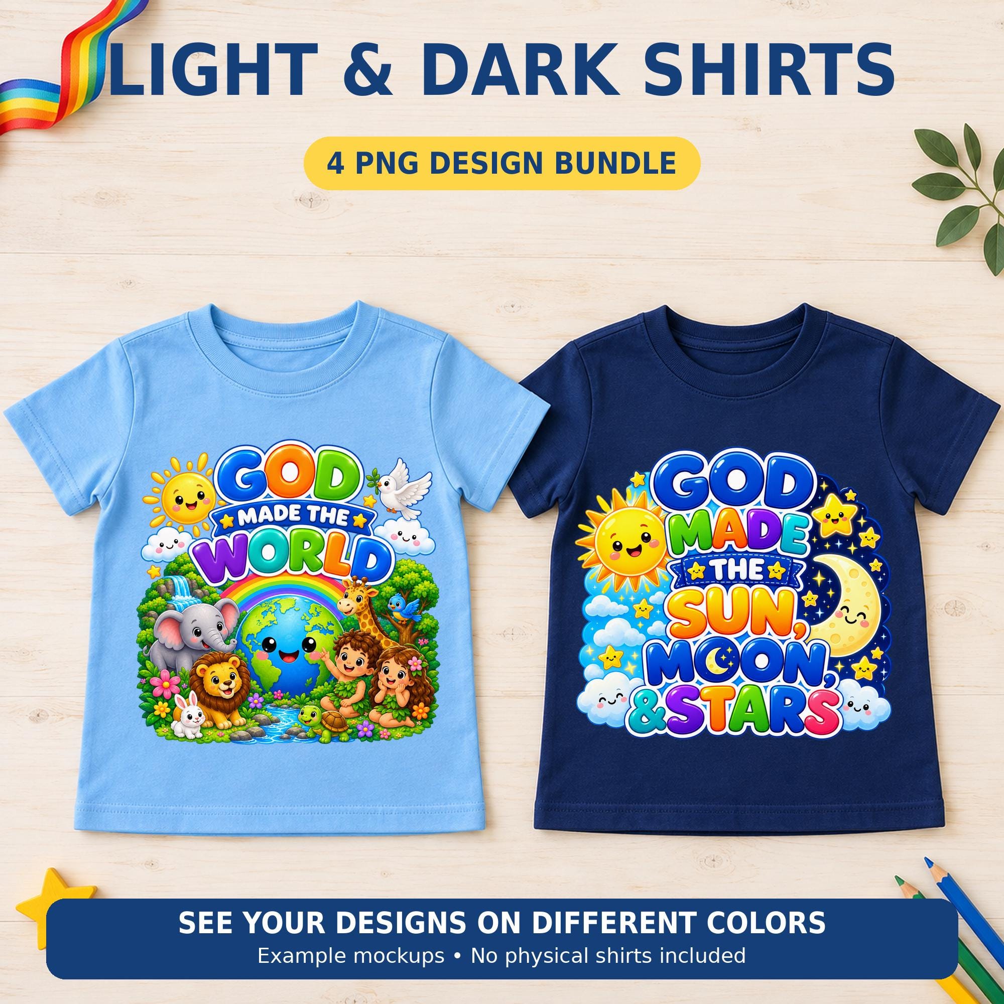 Bible Creation T-Shirt PNG Bundle, 4 Christian Designs, Transparent 300 DPI Digital Download