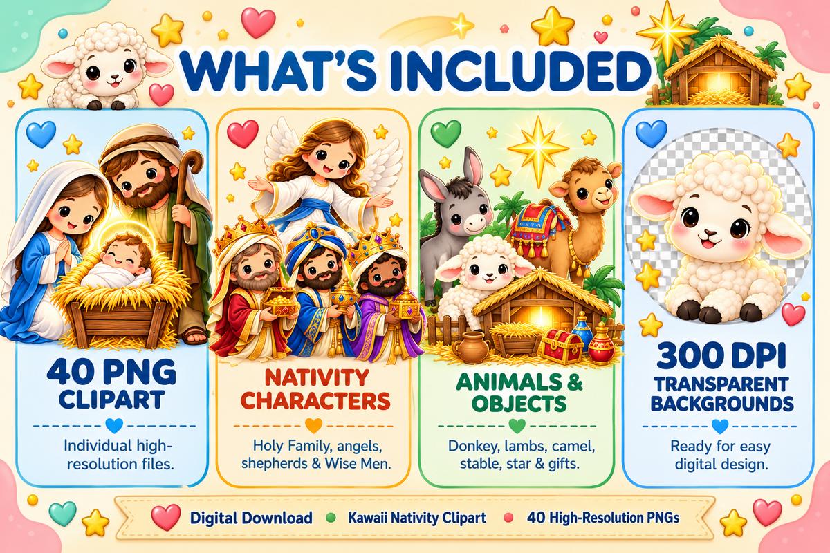 Nativity Kawaii Clipart Bundle, 40 Christian Christmas Transparent PNGs, 4000px, 300 DPI · vista 3