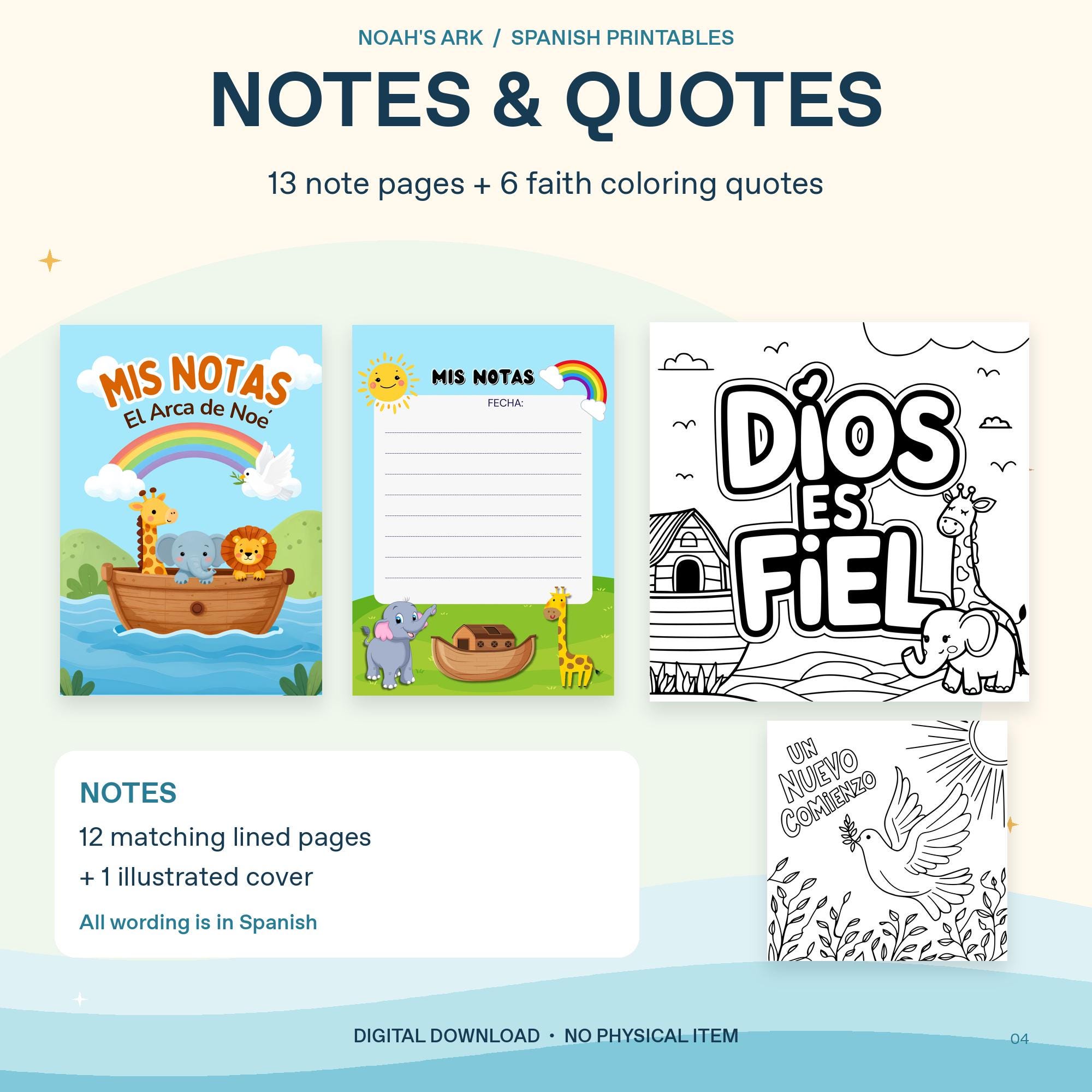 Noah's Ark Spanish Coloring and Activity Pack, 50 Printable Pages, Bible Worksheets and Notes, PDF JPG PNG · vista 4