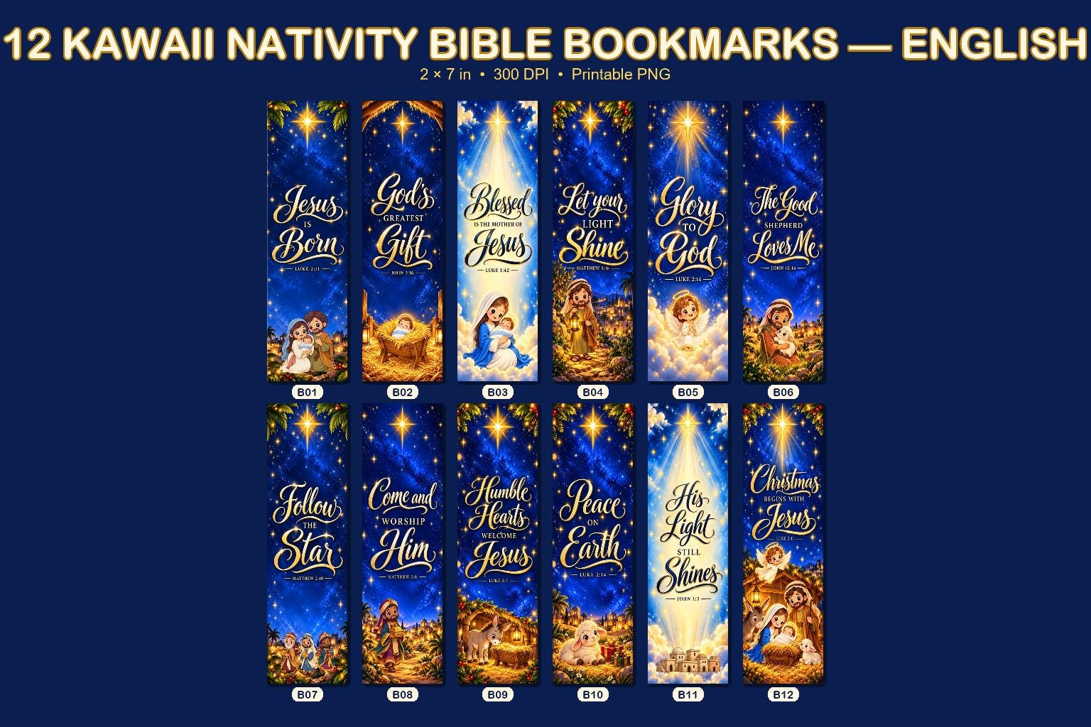 Christian Christmas Bible Bookmarks Printable, 12 Nativity Designs in English and Spanish, PNG and PDF · vista 3
