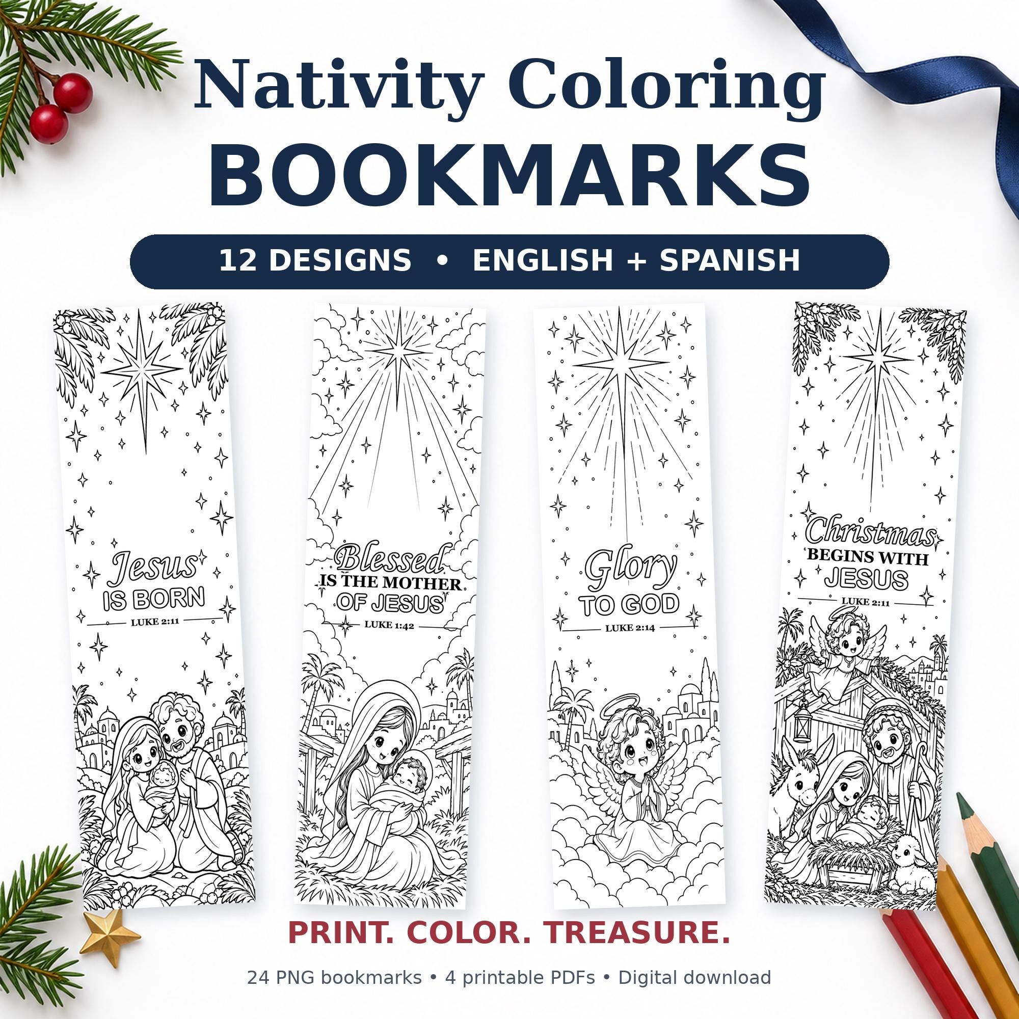 Nativity Coloring Bookmarks Printable, 12 Christmas Designs for Kids in English and Spanish, PNG and PDF