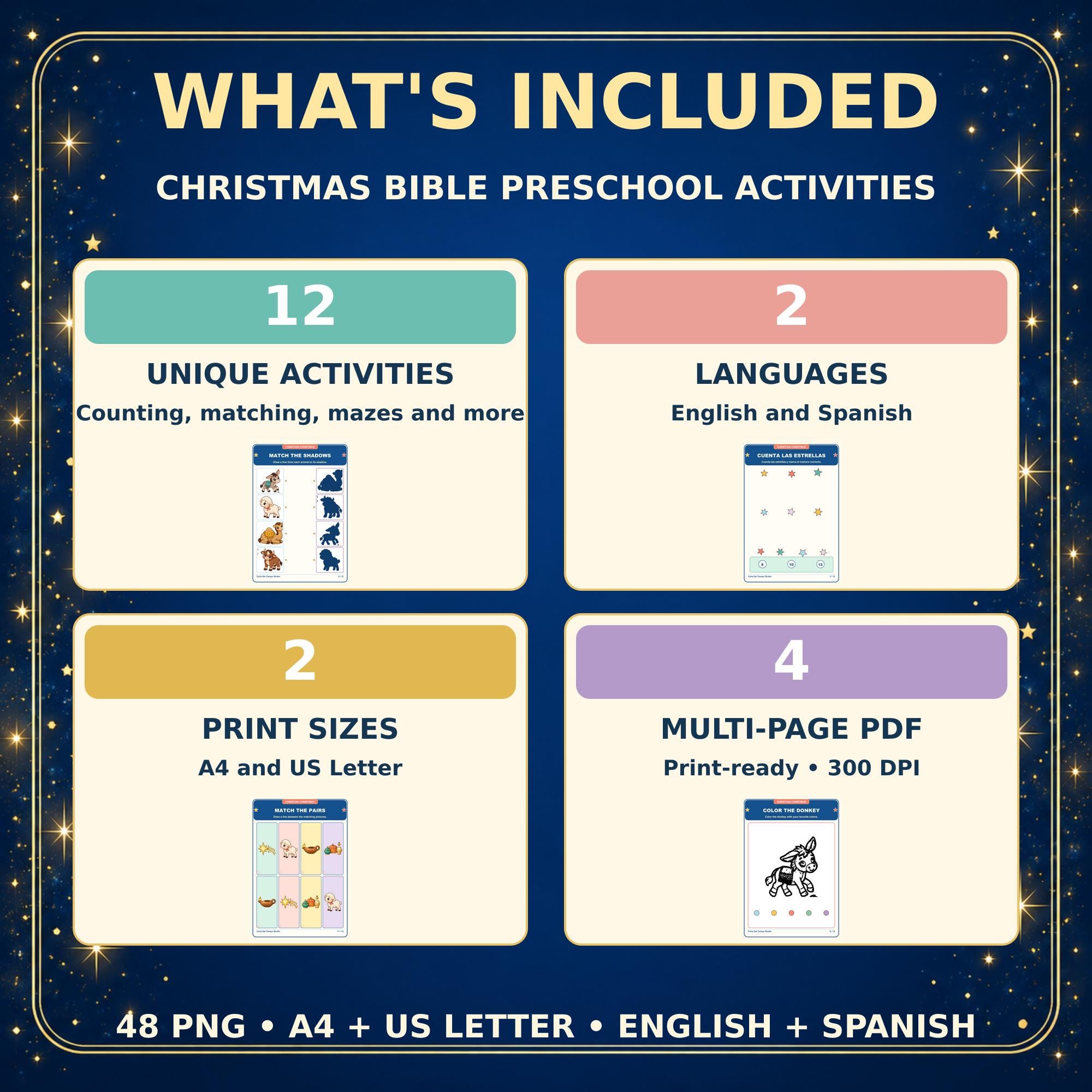 Christmas Bible Preschool Activities, 12 Bilingual Worksheets, English Spanish, A4 and US Letter PDF PNG · vista 2