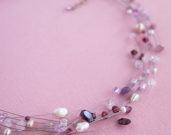 Jacinta Necklace: various gemstones, Swarovski crystals, glass, Soft Flex and sterling silver clasp