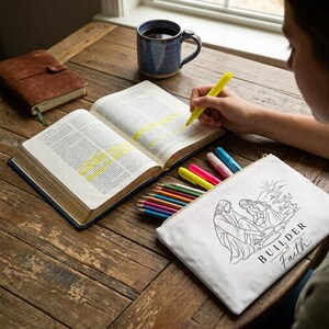 May include: A white canvas zipped pouch featuring a black line art illustration of two figures and the text "BUILDER of Faith," placed next to an open book with yellow highlighted text, a blue ceramic mug, and a collection of coloured pencils.