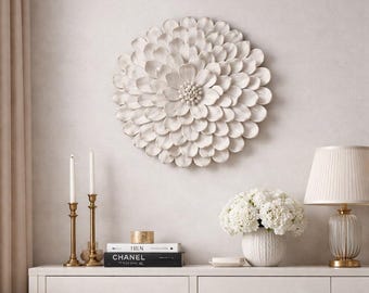 Dimensional Cream Wall Flower Sculpture Decor - Luxury Artisan Wall Art for Sophisticated Interiors