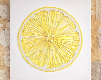 Lemon Painting - Large Painting, String Art, Textured Abstract, Lemon Art, Yellow Painting, Kitchen Art, Kitchen Decor, Unique Art, Food Art