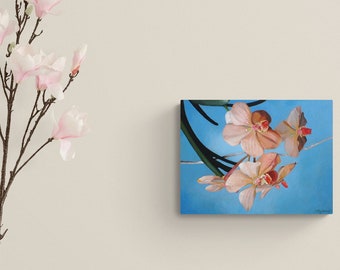 Orchideen Malerei - Pink auf Blau Exotische Blume mit Regentropfen Acrylbild auf Leinwand