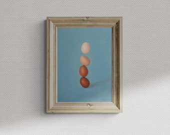 Still Life Painting - Stacking Eggs Kitchen Art Surreal Quirky Artwork Acrylic Original Botanical Wall Art