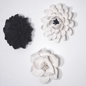Navy Blue & White Flowers Wall Art - Anemone, Dahlia, Magnolia Flower Sculptures Set Decor