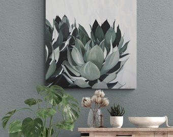 Agave Plant Painting - Succulent Wall Art Greenery Leaves Monochromatic Green Original Art Large Wall Hanging Acrylic Painting