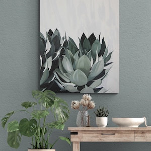 Agave Plant Painting - Succulent Wall Art Greenery Leaves Monochromatic Green Original Art Large Wall Hanging Acrylic Painting