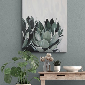 Agave Plant Painting - Succulent Wall Art Greenery Leaves Monochromatic Green Original Art Large Wall Hanging Acrylic Painting