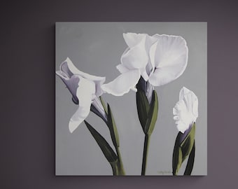 Iris Painting in Purple Blue White & Gray - Flowers Canvas Wall Art Large Acrylic Painting Modern Home Decor