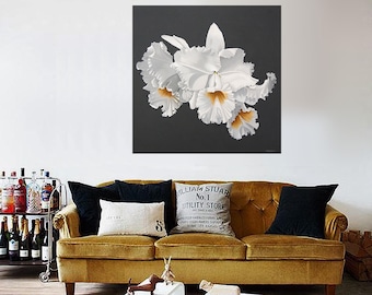 Orchidee Blumen Malerei - Weiß gerillte Orchidee Monochrome Grau Botanisches AcrylGemälde