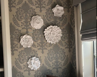 Flower Wall Sculptures - 3D Clay Flowers Gallery Wall Set of 5 White Modern Home Decor Floral Wall Art